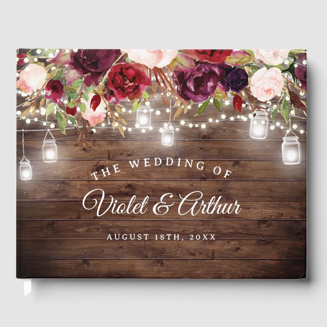 Libro De Visitas Boda de Rustic Burgundy Floral String Lights (Anverso)