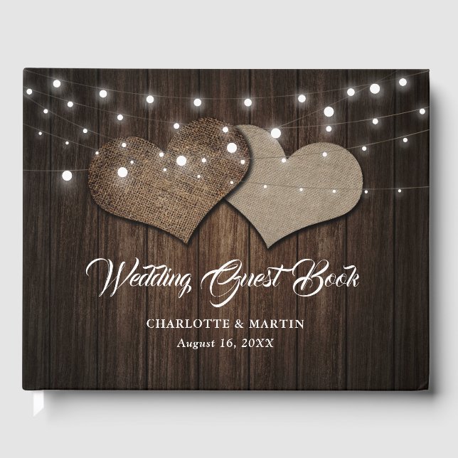 Libro De Visitas Boda de Rustic Wood Burlap Hearts String Lights (Anverso)