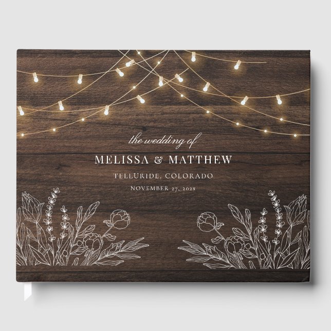 Libro De Visitas Boda de Rustic Wood Look String Lights (Anverso)