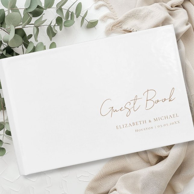 Libro De Visitas Boda de script de escritura a mano blanca mínima (Minimal, White and brown Handwriting Script Wedding Guest Book)