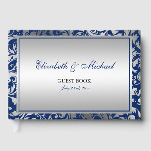 Libro De Visitas Boda de Swirls Navy Blue and Silver Damask