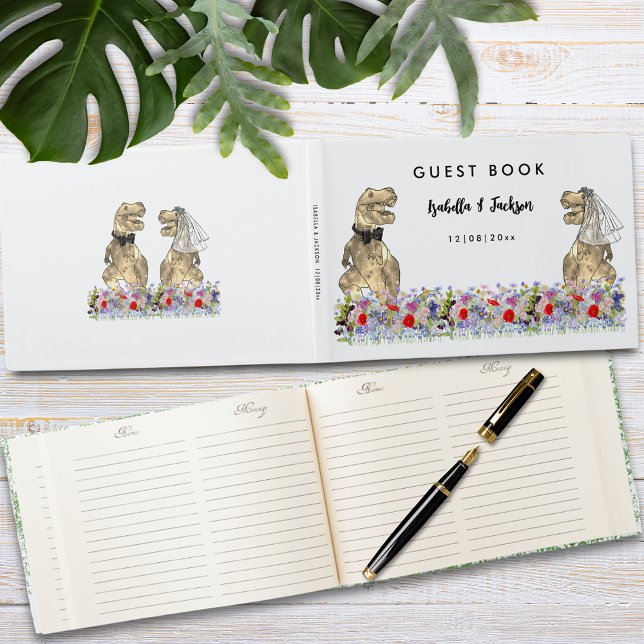 Libro De Visitas Boda de temas de dinosaurio (Fun dinosaur themed wedding T-Rex bride and groom floral custom wedding guest book)