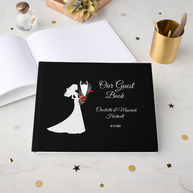 Libro De Visitas Boda de Tuxedo Suit & Bride Silhouette (Anverso Abierto)