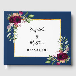 Libro De Visitas Boda de vegetación de flores azul marino de Borgoñ