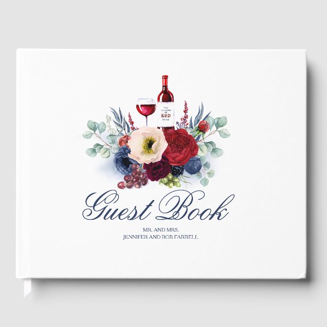 Libro De Visitas Boda de vino floral azul borgoñoso rojo y naval (Anverso)
