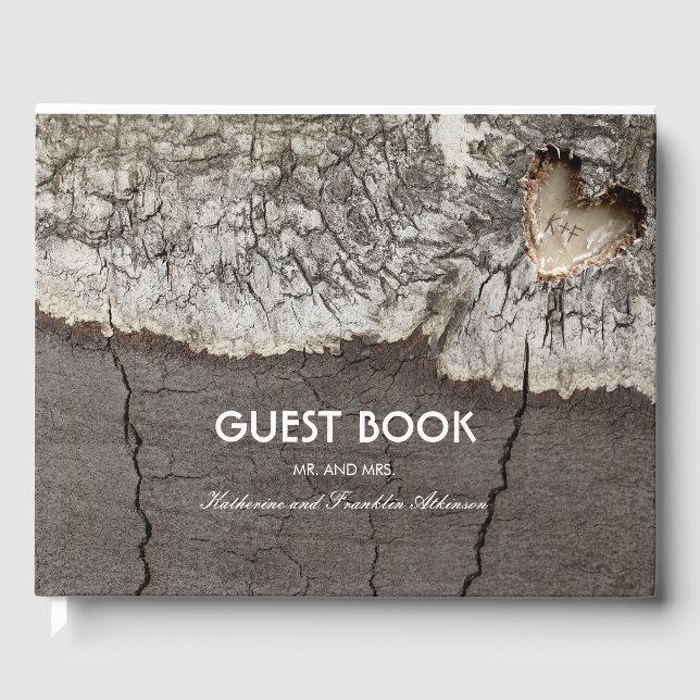 Libro De Visitas Boda del corazón de madera tallada en árbol rústic (Anverso)