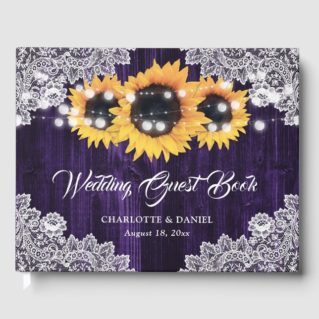 Libro De Visitas Boda del girasol Rusple Purple Wood Lace (Anverso)