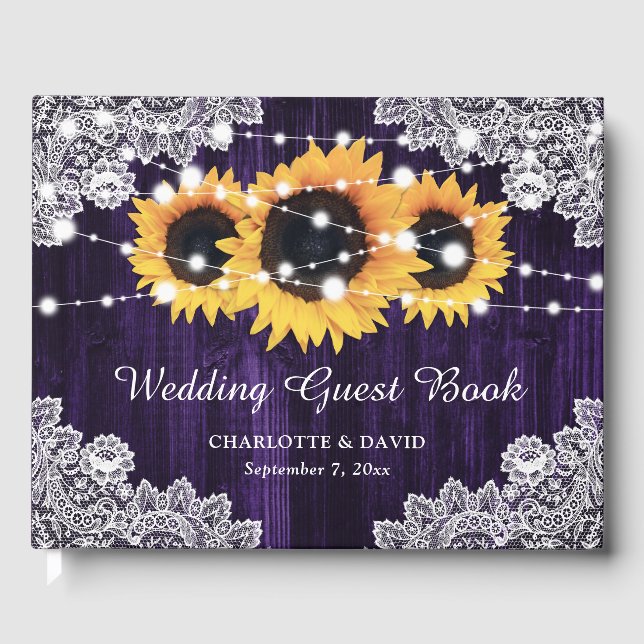 Libro De Visitas Boda del girasol Rusple Purple Wood Lace (Anverso)