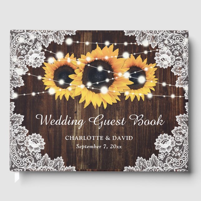 Libro De Visitas Boda del girasol Rustic Wood Lace (Anverso)