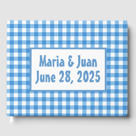 Libro De Visitas Boda del marco de Gingham azul y blanco