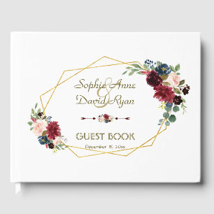 Libro De Visitas Boda del marco dorado floral azul de la Marina Mer