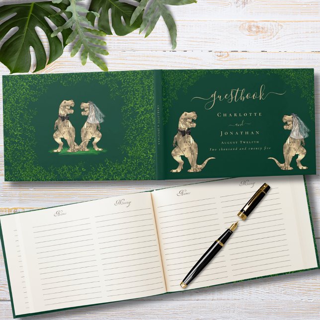 Libro De Visitas Boda del tema de los dinosaurios Personalizado Ver ( Dinosaur bride and groom wedding custom dark green  guest book funny T-Rex dino eucalyptus foliage )
