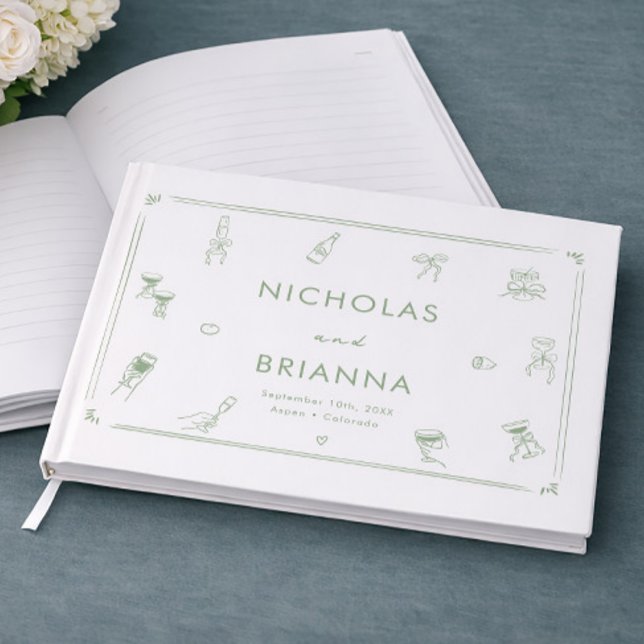 Libro De Visitas Boda Dibujada a Mano Blanca y Verde (Subido por el creador)