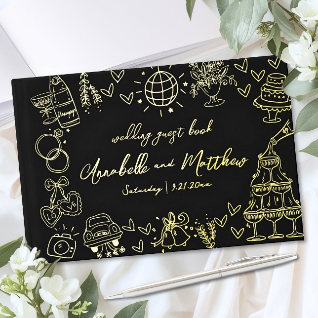 Libro De Visitas Boda Dibujada a Mano Negro Dorado (Hand Drawn Wedding Black Gold Foil Guest Book )
