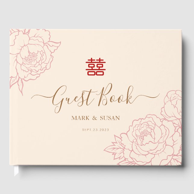 Libro De Visitas Boda elegante chino de la felicidad doble (Anverso)