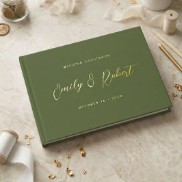 Libro De Visitas Boda elegante con escritura en verde oliva y dorad