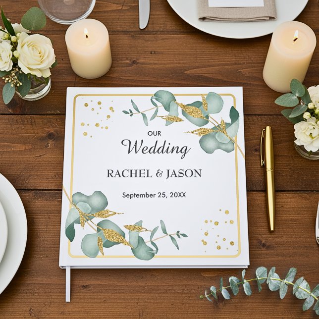 Libro De Visitas Boda elegante con eucalipto y brillo dorado (Beautiful Botanical Eucalyptus Leaves Gold Glitter Personalized Wedding Guestbook Keepsake)