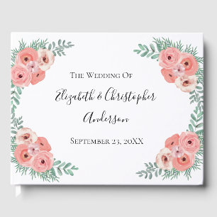 Libro De Visitas Boda elegante con flores acuarelas rosadas y verde