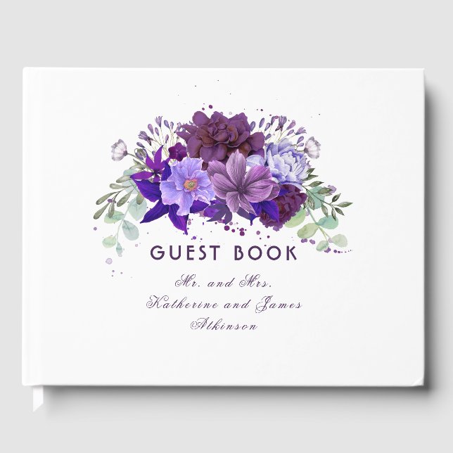 Libro De Visitas Boda elegante con flores moradas de ciruela y viol (Anverso)