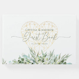 Libro De Visitas Boda Elegante Corazón de Oro Blanco Eucalipto Hoja