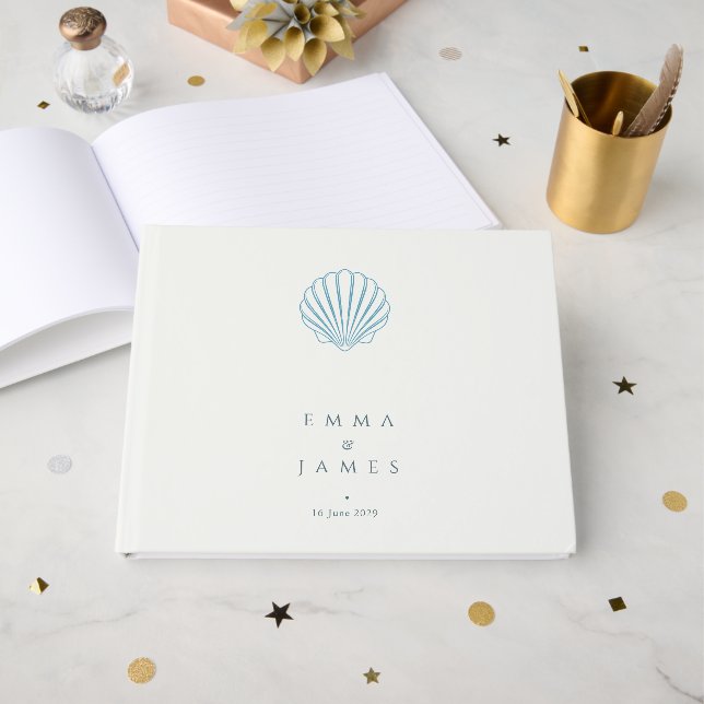 Libro De Visitas Boda elegante de conchas marinas azules (Anverso Abierto)