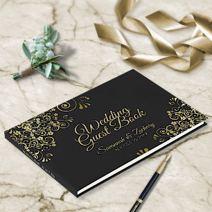 Libro De Visitas Boda elegante de filigrana dorada y negra