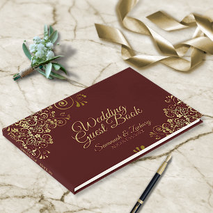 Libro De Visitas Boda elegante de oro Auburn Brown Frilly