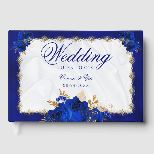 Libro De Visitas Boda Elegante Floral Real Azul Oro Blanco (Anverso)