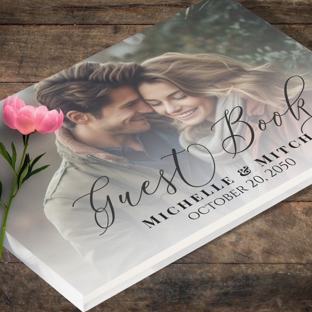 Libro De Visitas Boda elegante fotografía caligrafía negro y blanco (Wedding guest book with photo template. )