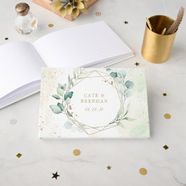 Libro De Visitas Boda elegante geométrica dorada con vegetación de 