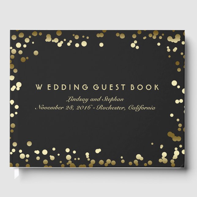 Libro De Visitas Boda elegante negra de Confetti dorado (Anverso)