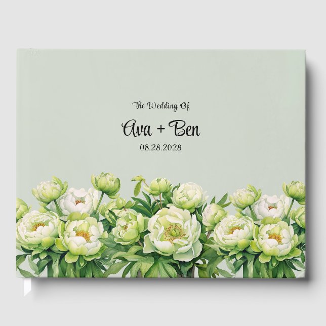 Libro De Visitas Boda elegante Peony Verde y Blanca (Anverso)