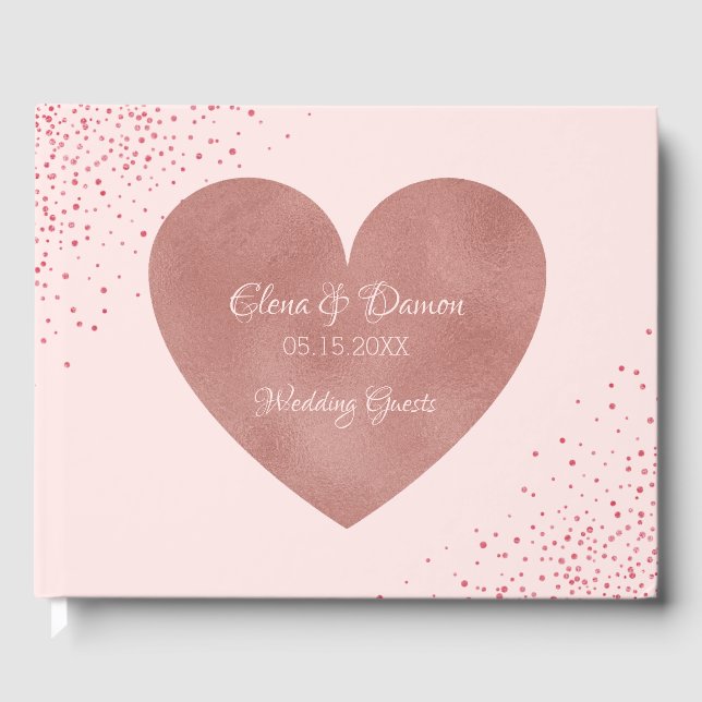 Libro De Visitas Boda elegante | Pink Rose Gold Heart Confetti (Anverso)