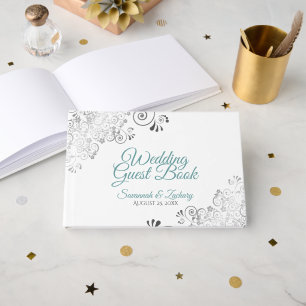 Libro De Visitas Boda elegante verde azulada y gris filigrí