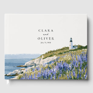 Libro De Visitas Boda en la costa de Maine con faro y lupino