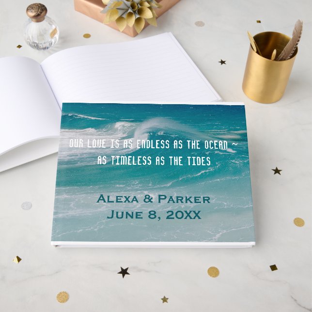 Libro De Visitas Boda en la playa con olas del océano (Anverso Abierto)