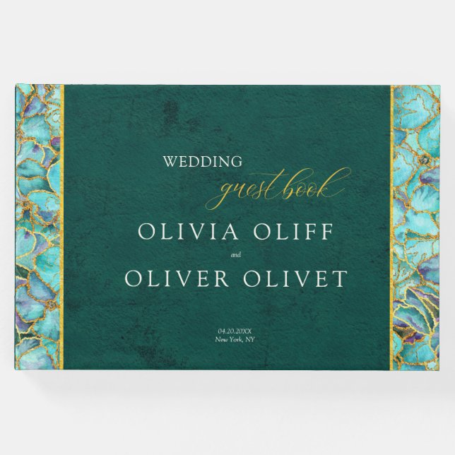 Libro De Visitas Boda Esmeralda de flores turquesas (Anverso)