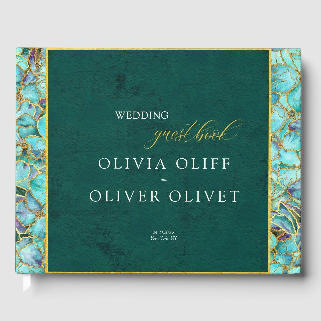 Libro De Visitas Boda Esmeralda de flores turquesas (Anverso)