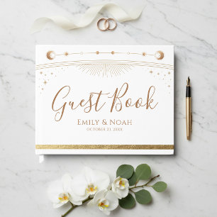 Libro De Visitas Boda Estrellas Luna Sol Oro Blanco Celeste