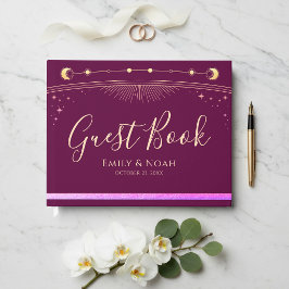 Libro De Visitas Boda Estrellas Luna Sol Oro Fuchsia Celeste