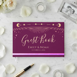 Libro De Visitas Boda Estrellas Luna Sol Oro Fuchsia Celestial
