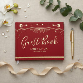 Libro De Visitas Boda Estrellas Luna Sol Oro Rojo Celestial