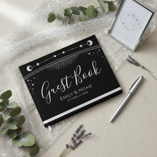 Libro De Visitas Boda Estrellas Luna Sol Plateado Negro Celestial
