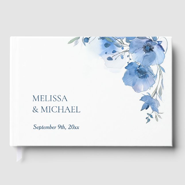 Libro De Visitas Boda floral acuarela artística azul (Anverso)