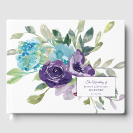 Libro De Visitas Boda floral acuarela azul púrpura