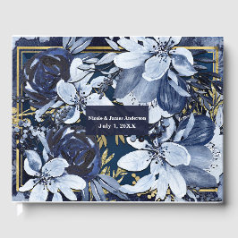 Libro De Visitas Boda floral acuarela moderna azul marino y dorado