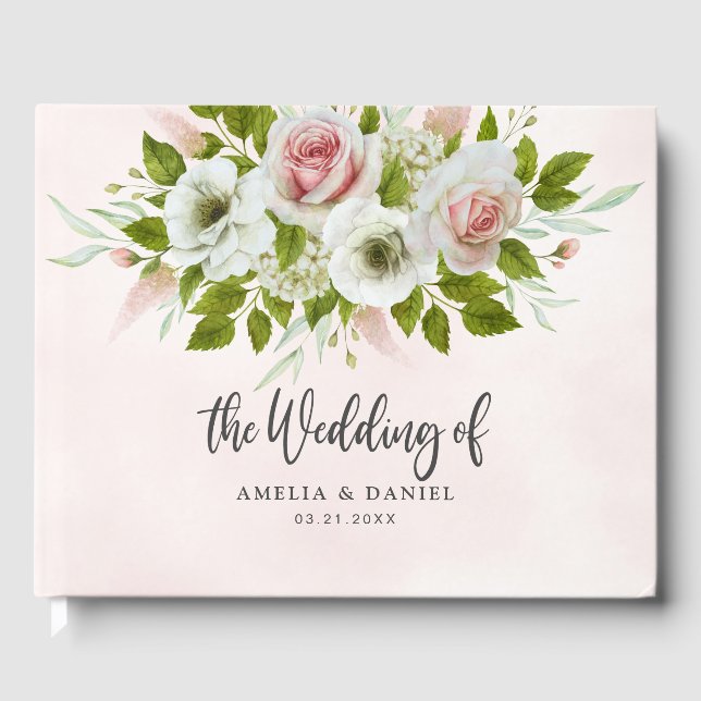 Libro De Visitas Boda floral acuarela rosa romántica  (Anverso)