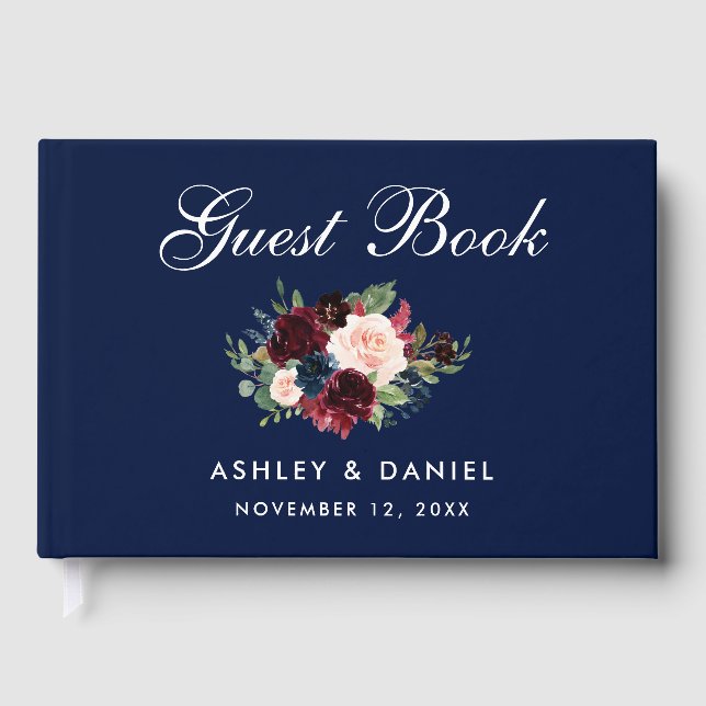 Libro De Visitas Boda Floral Azul de Borgoña (Anverso)