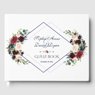Libro De Visitas Boda floral azul de la Marina Merlot Geométrica Mo