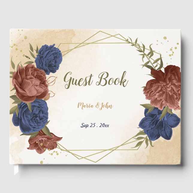 Libro De Visitas boda floral azul marino de terracota (Anverso)